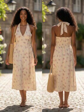 Thirty Thirty Floral Halter Midi Dress NWT Small Yellow Cream Boho Cottagecore